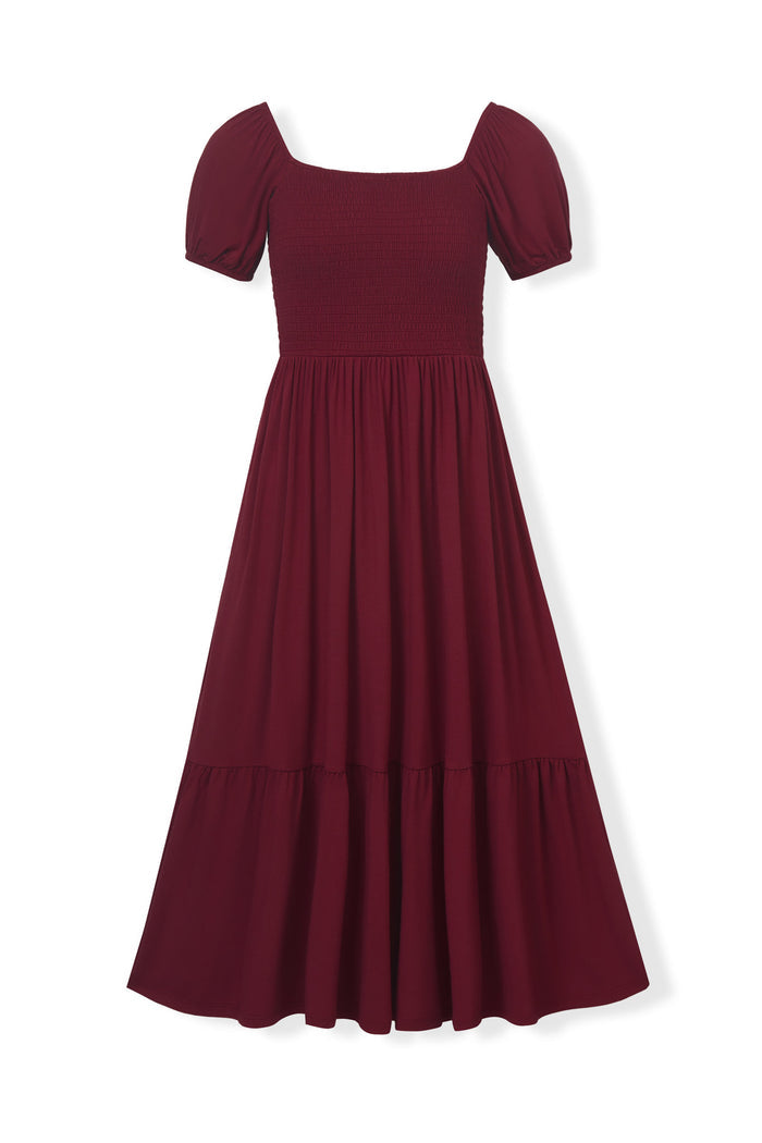 Women’s Smocked Dress in Burgundy on a white background