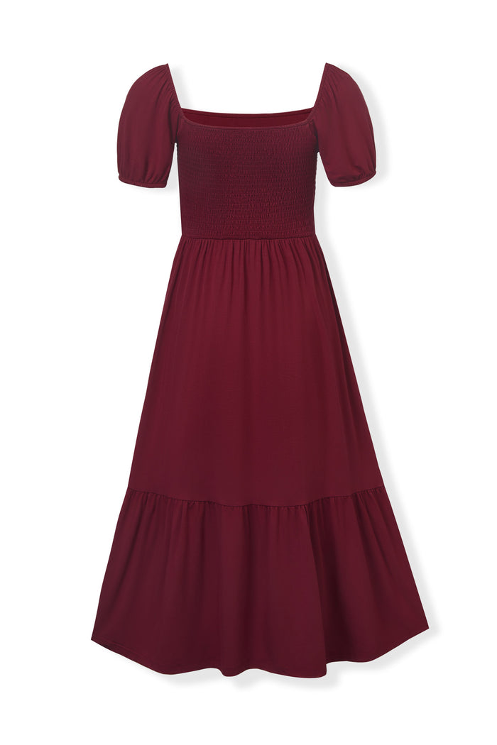 Back side of Women’s Smocked Dress in Burgundy on a white background