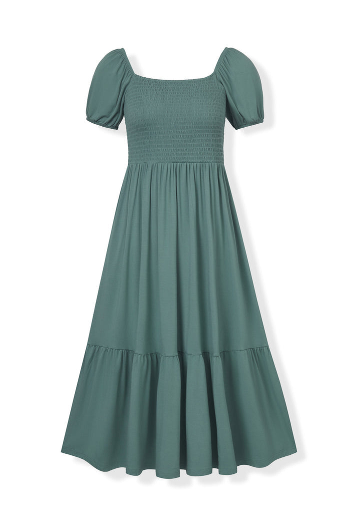 Women’s Smocked Dress in Pine on a white background