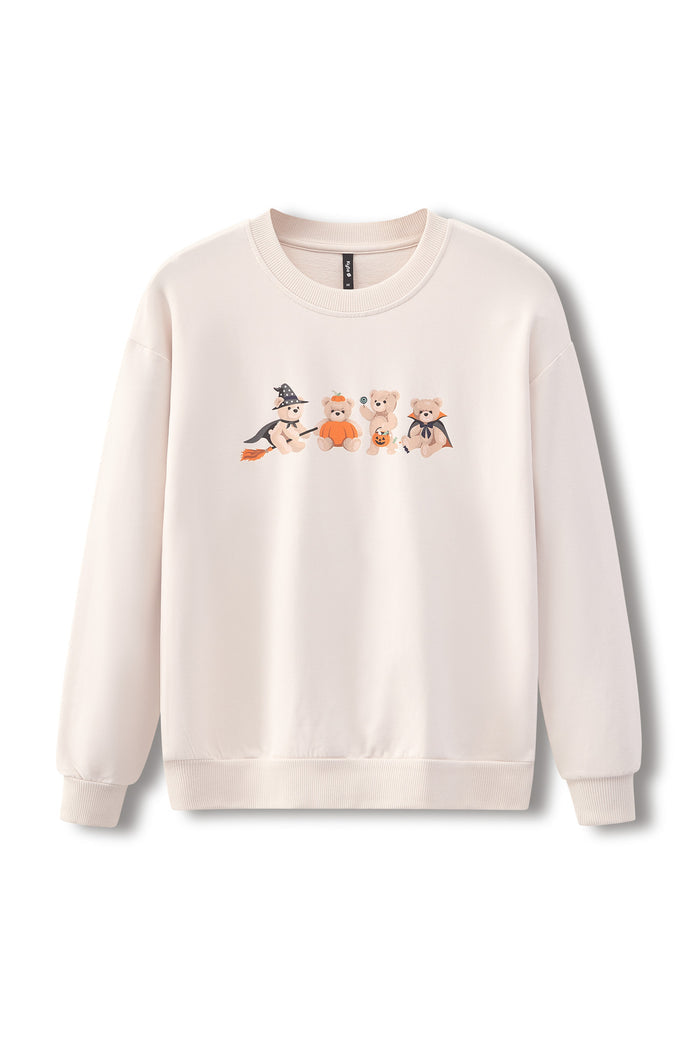Beige Women's Sweatshirt with Halloween Teddy print in center on a white background