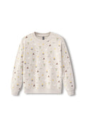 A cream-colored crewneck sweatshirt with an all-over print of small whimsical illustrations, including wizards, cauldrons, stars, and moons, displayed on a clean white background.