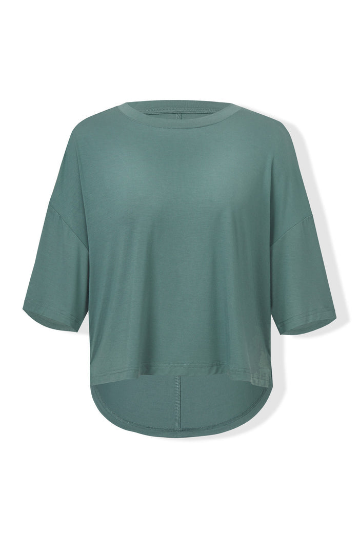Women's Short Sleeve Boxy Tee in Pine on a white background