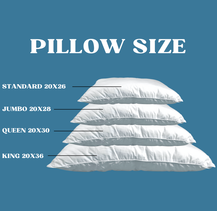 Four white Keeco Woodspring Ecoendure Pillows, as featured at many Choice<sup>®</sup> Hotels, are stacked by size—Standard 20x26, Jumbo 20x28, Queen 20x30, King 20x36—on a blue background with "PILLOW SIZE" in bold above.