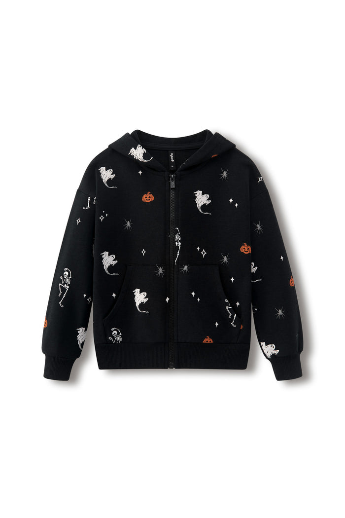 Black Zip-Up Hoodie in Halloween Friends print on a white background