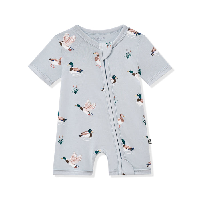 Product photo of the Zipper Shortall Romper in Mallard Duck on a white background