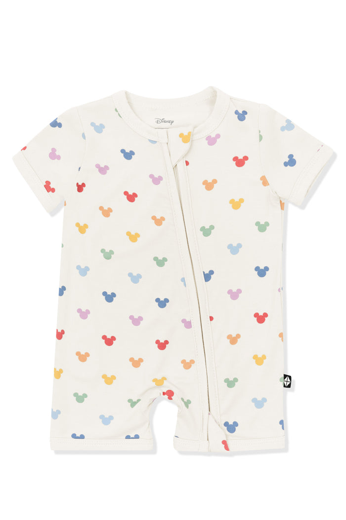 Zipper Shortall Romper with Pastel Mickey Mouse pattern on an oat background