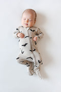 Baby sleeping Zippered Footie in Bats print on a white background