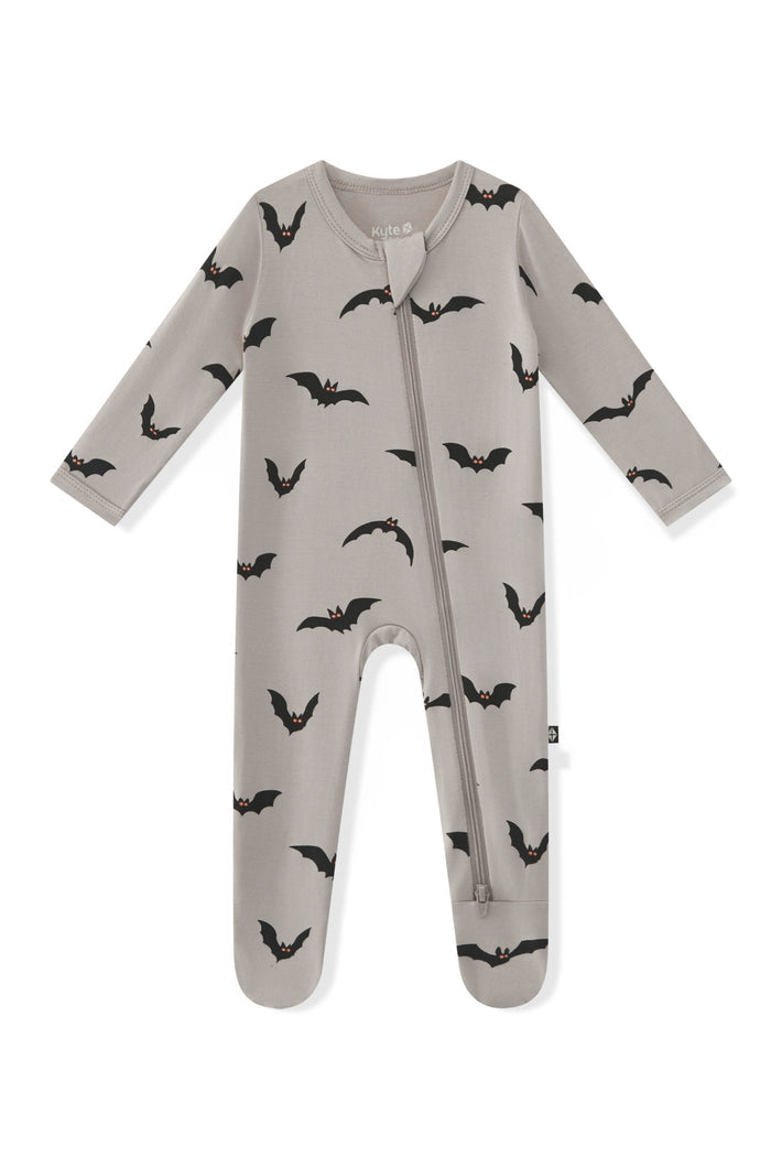 Zippered Footie in Bats print on a white background