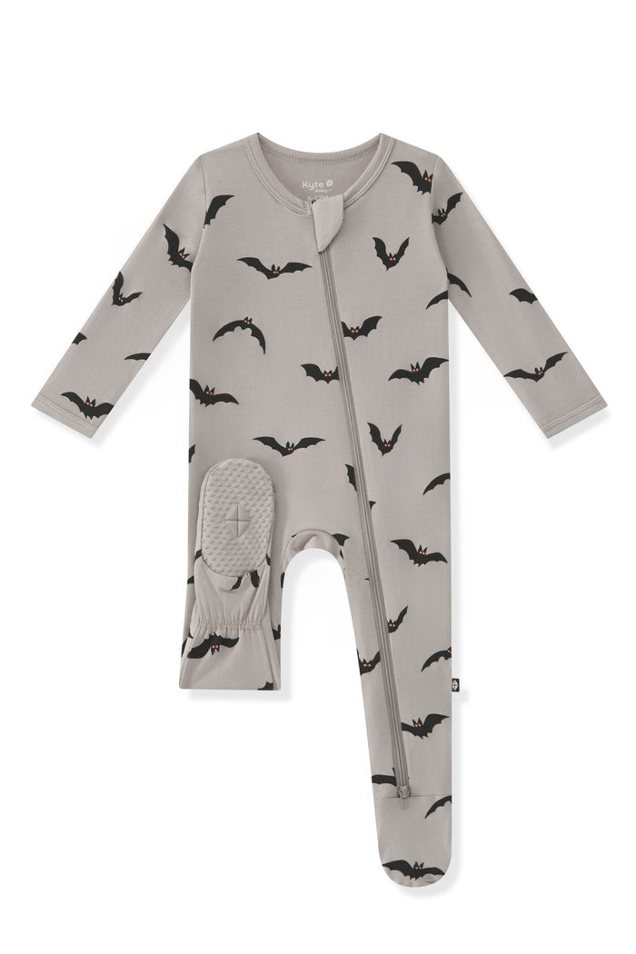 Zippered Footie in Bats print on a white background
