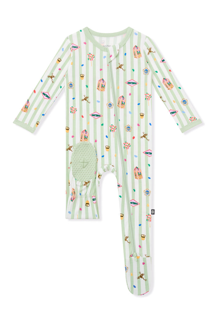Bottom part of Green and white striped zippered footie with colorful Harry Potter patterns on a white background