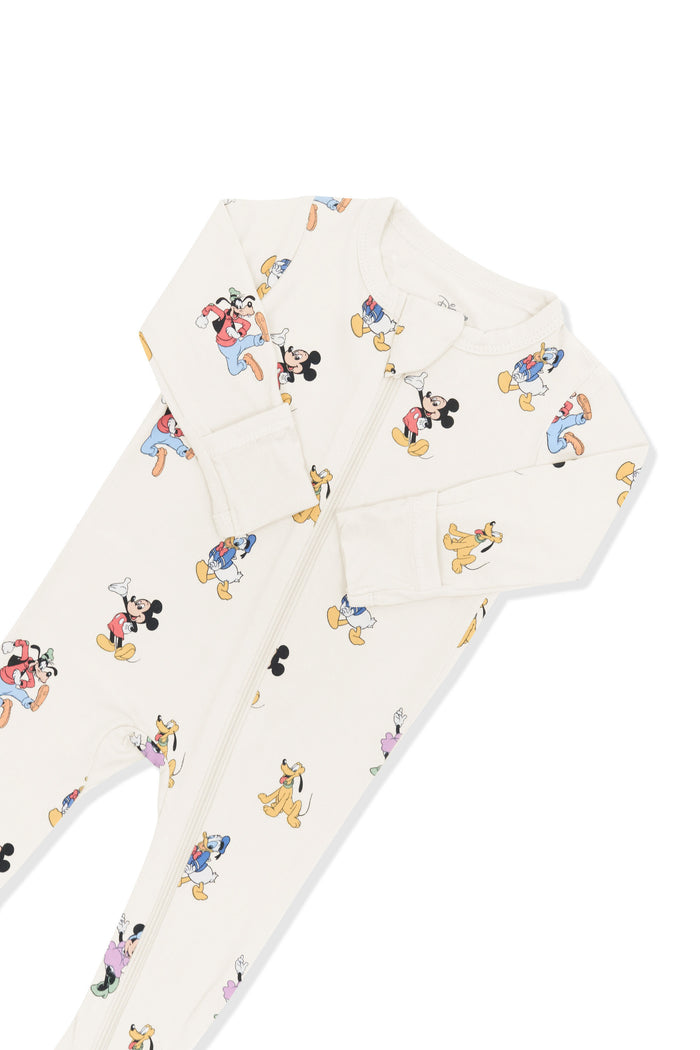 Top part of Zippered Footie in Mickey Mouse and Friends print on an oat background
