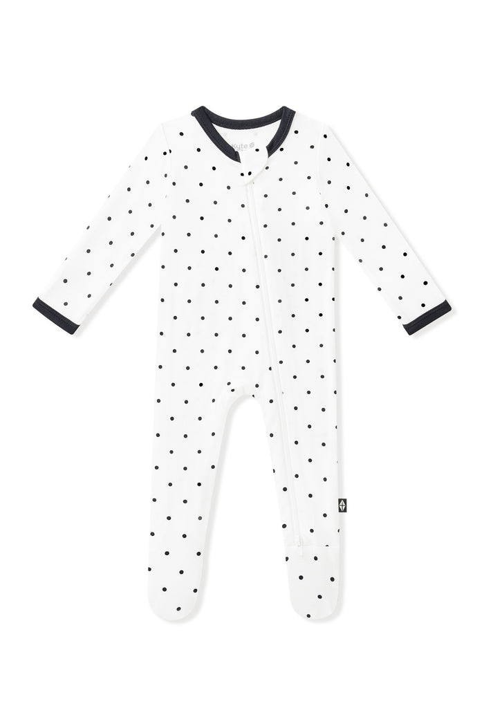 Zippered Footie in Midnight Polka Dot with black trim white background