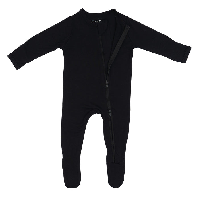 Dual zipper partially unzipped from the top on a  Zippered Footie in Midnight