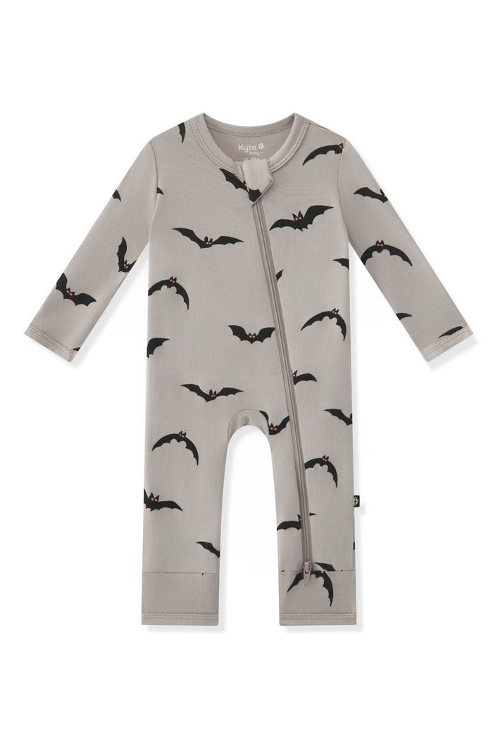Zippered Romper in Bats print on a white background