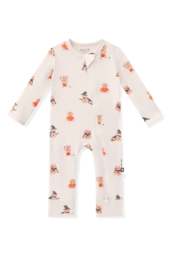 Beige Zippered Romper in Halloween Teddy print on a white background