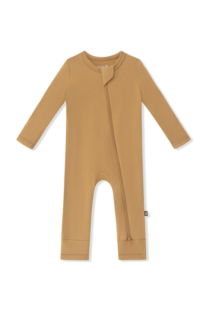 Zippered Romper in Ochre on a white background