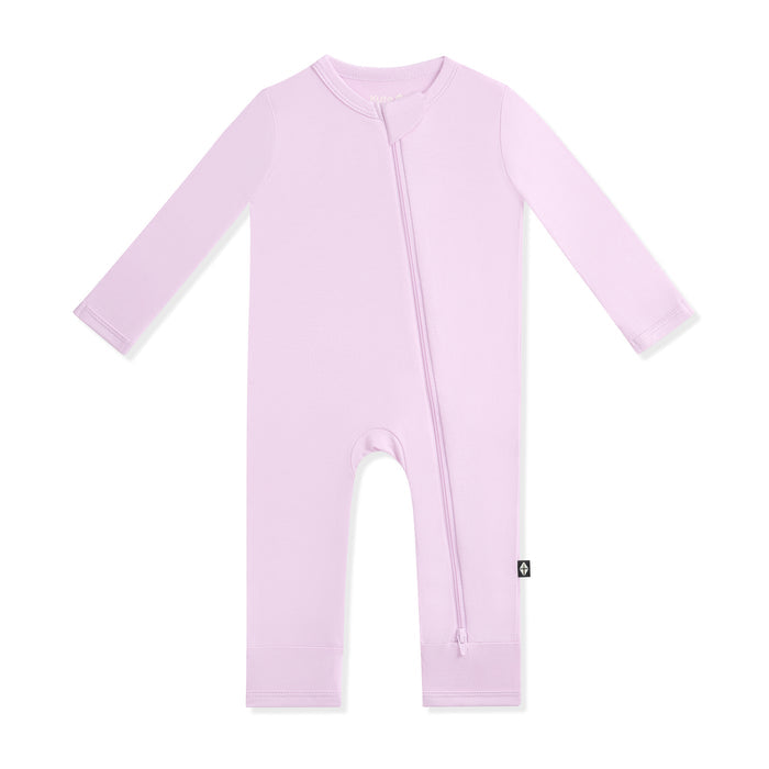 Lavender baby romper with a zipper on a white background