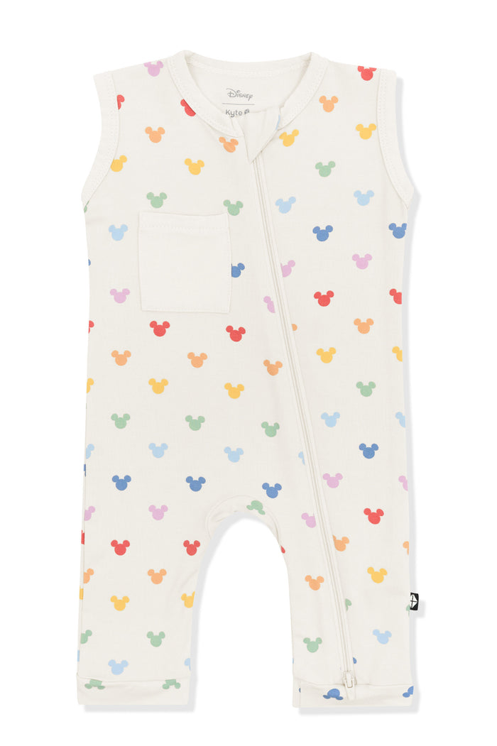Zippered Sleeveless Romper with Pastel Mickey Mouse pattern on an oat background